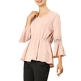 thumbnail image 3 of INSPIRE CHIC Women's V Neck Crochet Lace Bell Sleeves Peplum Blouse Tops M Pink, 3 of 7