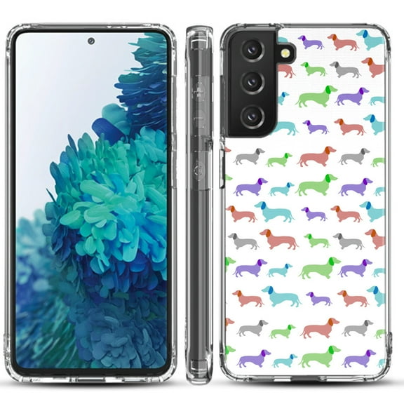 Shockproof Hybrid Bumper Phone Case for Samsung galaxy S21  5G / S21 Plus 5G, by OneToughShield ® - Colorful Dachshund/Puppy