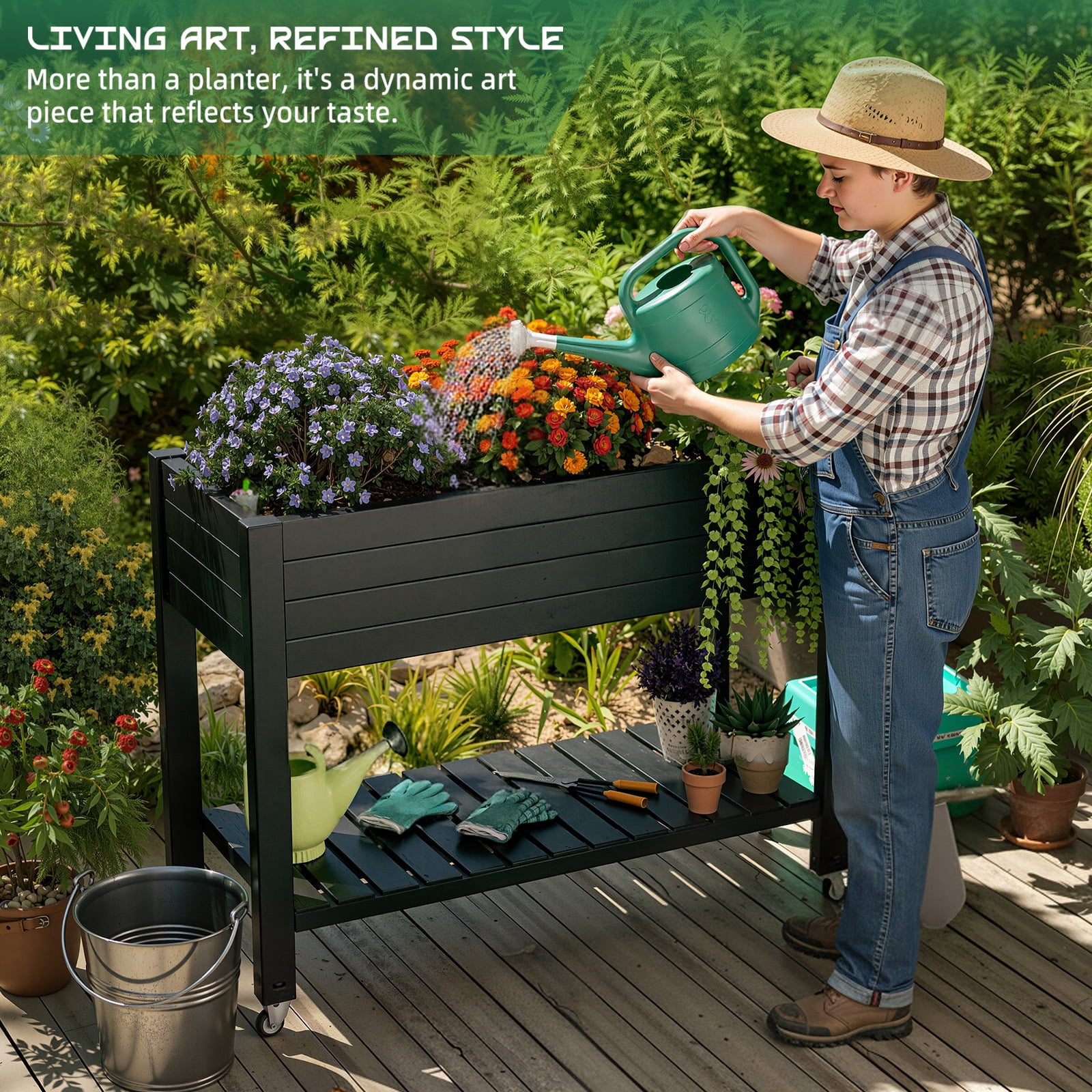 Fazzn 21‑Gallon Raised Garden Bed – Elevated Outdoor Planter Box with Self‑Watering Reservoir, Water Gauge & Drainage System, Perfect for Herbs & Vegetables, Black/White/Brown