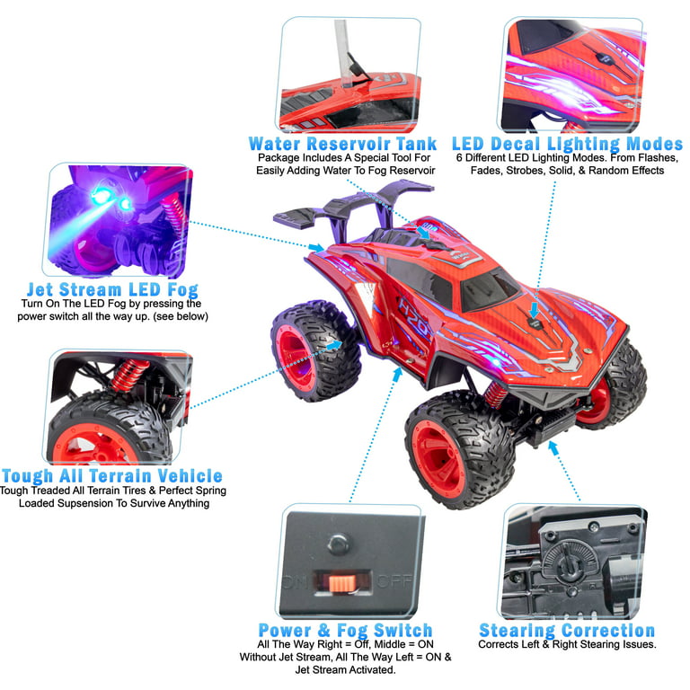 RC Remote Control Car w/ Steam Jet Exhaust LED Light Up - AWD 2.4GHZ Fast  Truck - LED Decal Light Up Race Car Toy & Remote Fog Mist Car - RED 