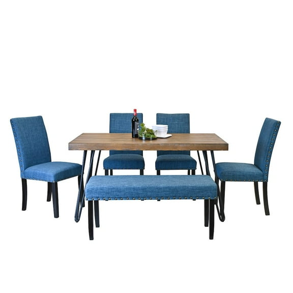 Roundhill Furniture 6 Piece Adult Wood Dining Table with Chair And Bench Blue