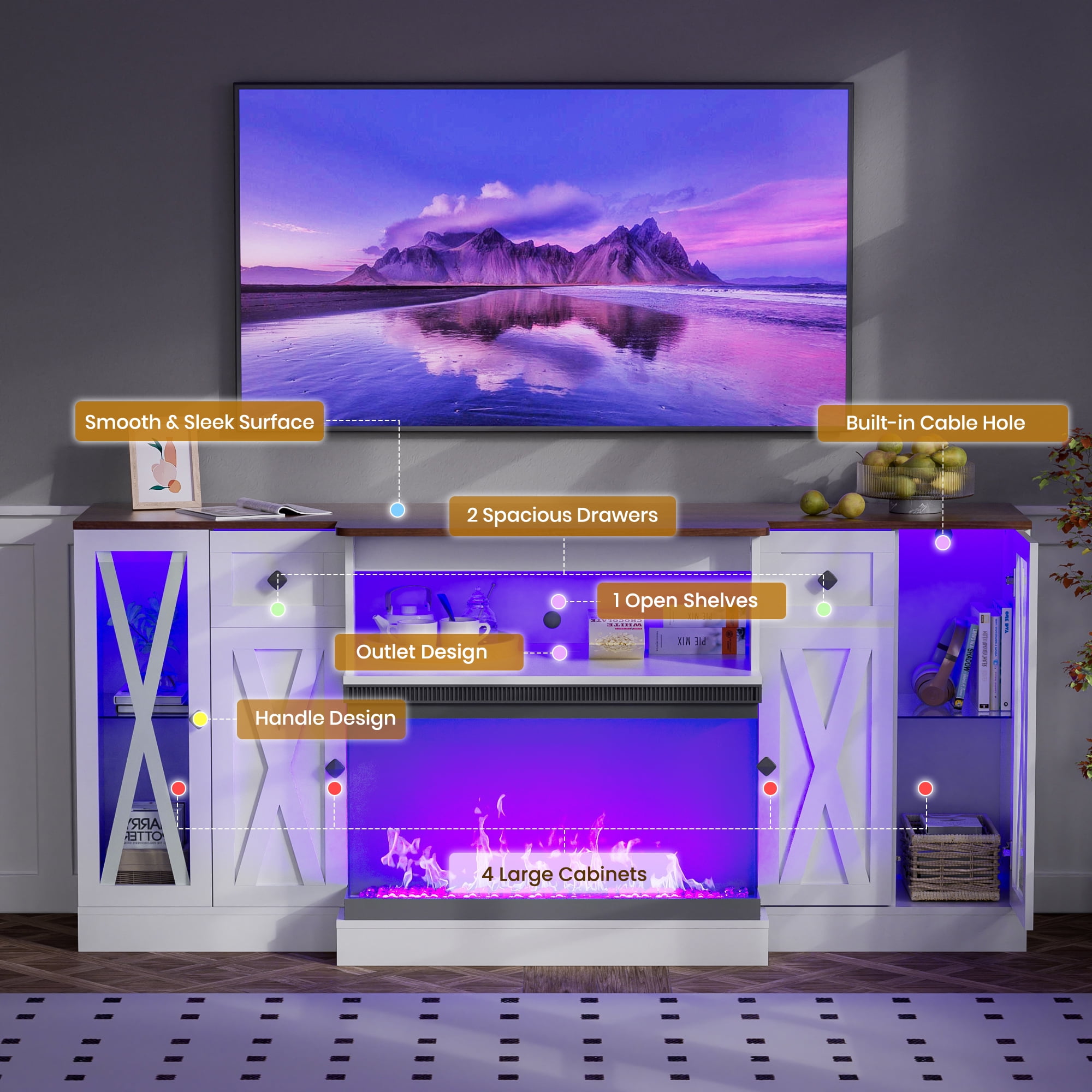 LVUYOYO 3-Sided Glass Farmhouse Electric Fireplace TV Stand, Farmhouse Entertainment Center with 36" Fireplace & LED Lights,  70'' Large TV Stands