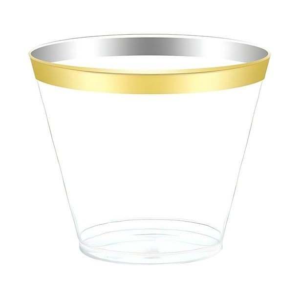 Injueey 100 unids/set vasos de bebida versátiles y prácticos hechos con poliestireno taza de bebida fácil de transparente Mostrada Borde dorado
