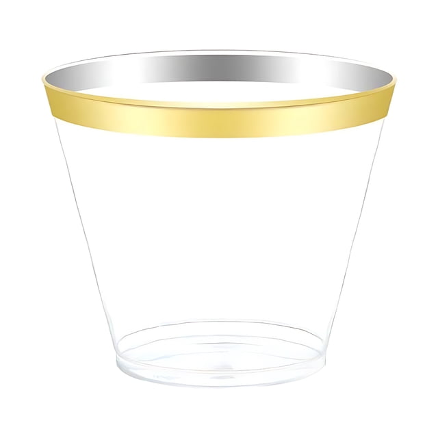 Monstrate Vasos desechables con borde dorado Premium, 100 pack/lote, para un tacto lujoso, vaso de plástico que ahorra tiempo, fácil Mostrada Borde dorado