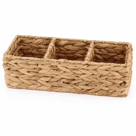 ABCISI Water Hyacinth Storage Basket, 3-Section Woven Organizer with Metal Frame, 14.57 Inch Divided Wicker Basket for Pantry, Bathroom, Desk, Coffee Bar and Shelves