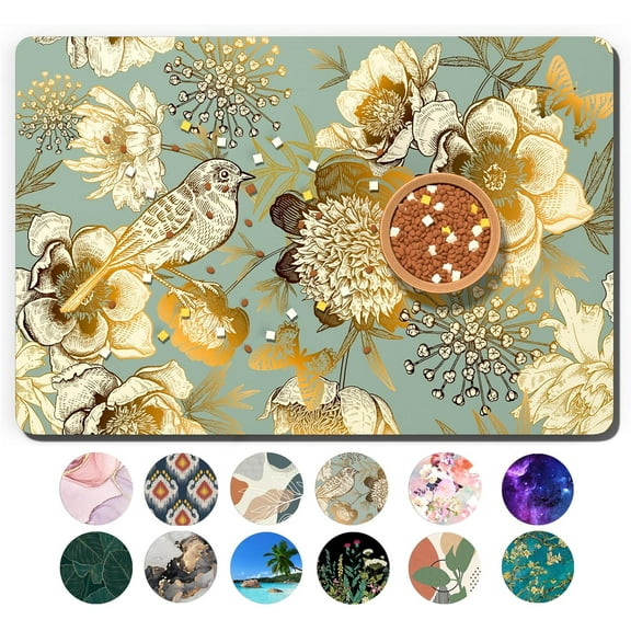 Dog Food Mat, 12" x 19" Flower Absorbent Dog Cat Bowl Mat for Food and Water, Cute Anti-Slip Rubber Pet Feeding Rug Protect Floors, Placemat for Feeding & Watering Supplies, Retro Floral