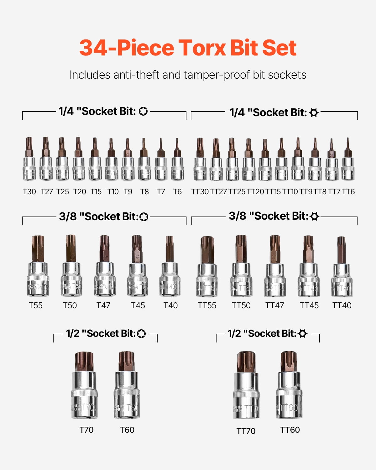 VEVOR Torx Bit Socket Set, 34-Piece Solid Star and Tamper Proof T6-T70, S2 Alloy Steel and Cr-V Steel, 1/4 in, 3/8 in, and 1/2 in Drives, with Enhanced Storage Case, Torx Sockets for Hand Use