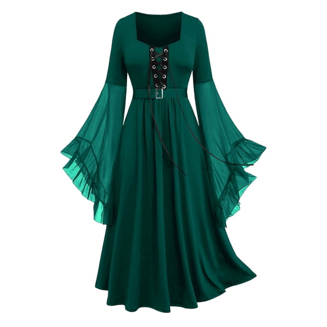 Amzcrzy Robes pour Femmes Couleur Unie Robes Maxi à Cordon Vintage Tunique à Manches Longues Robe Médiévale pour Femmes TG