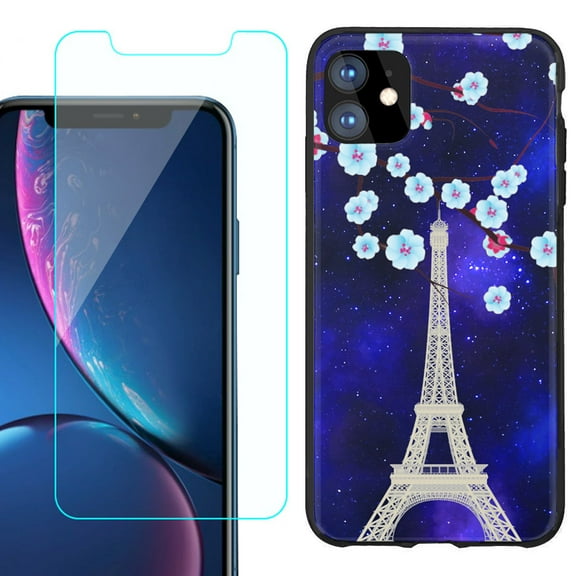 For Apple iPhone 11 Phone Case , Slim-Fit TPU Protective Case (Black), with Tempered Glass Screen Protector, by OneToughShield ® - Eiffel Tower Stars