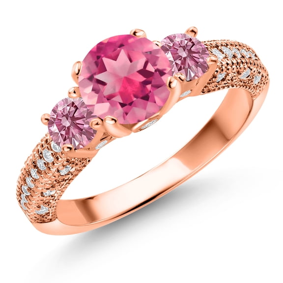 Gem Stone King 18K Rose Gold Plated Silver Pink Mystic Topaz Pink Lab Grown Diamond and White Moissanite Engagement Ring for Women (2.23 Cttw, Gemstone, Round 7MM and 4MM, Size 7)