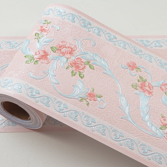 AbaBoorty Pink Rose Floral Wallpaper Border - 196"X4.1" Self-Adhesive Wall Trim Sticker for Bedroom Living Room Bathroom Décor
