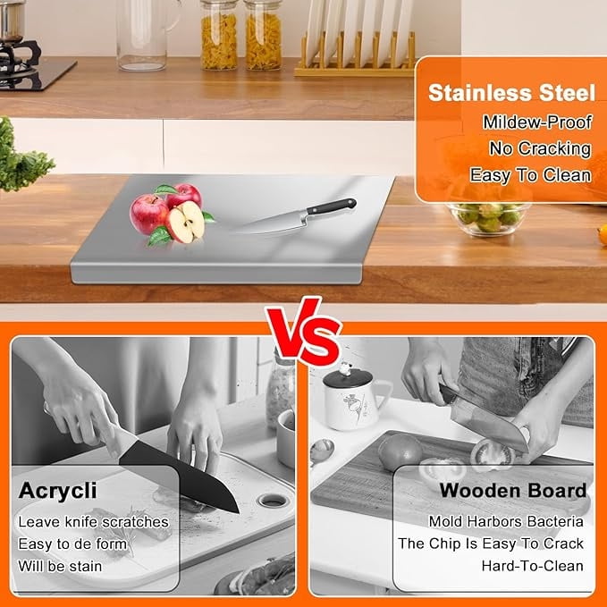 Stainless Steel Cutting Board with Lip for Kitchen Chopping Boards for Countertop Large Metal Cutting Board over Sink Suitable for Meat Fruits Vegetables Bread Noodle and Pizza Bamboo Knives