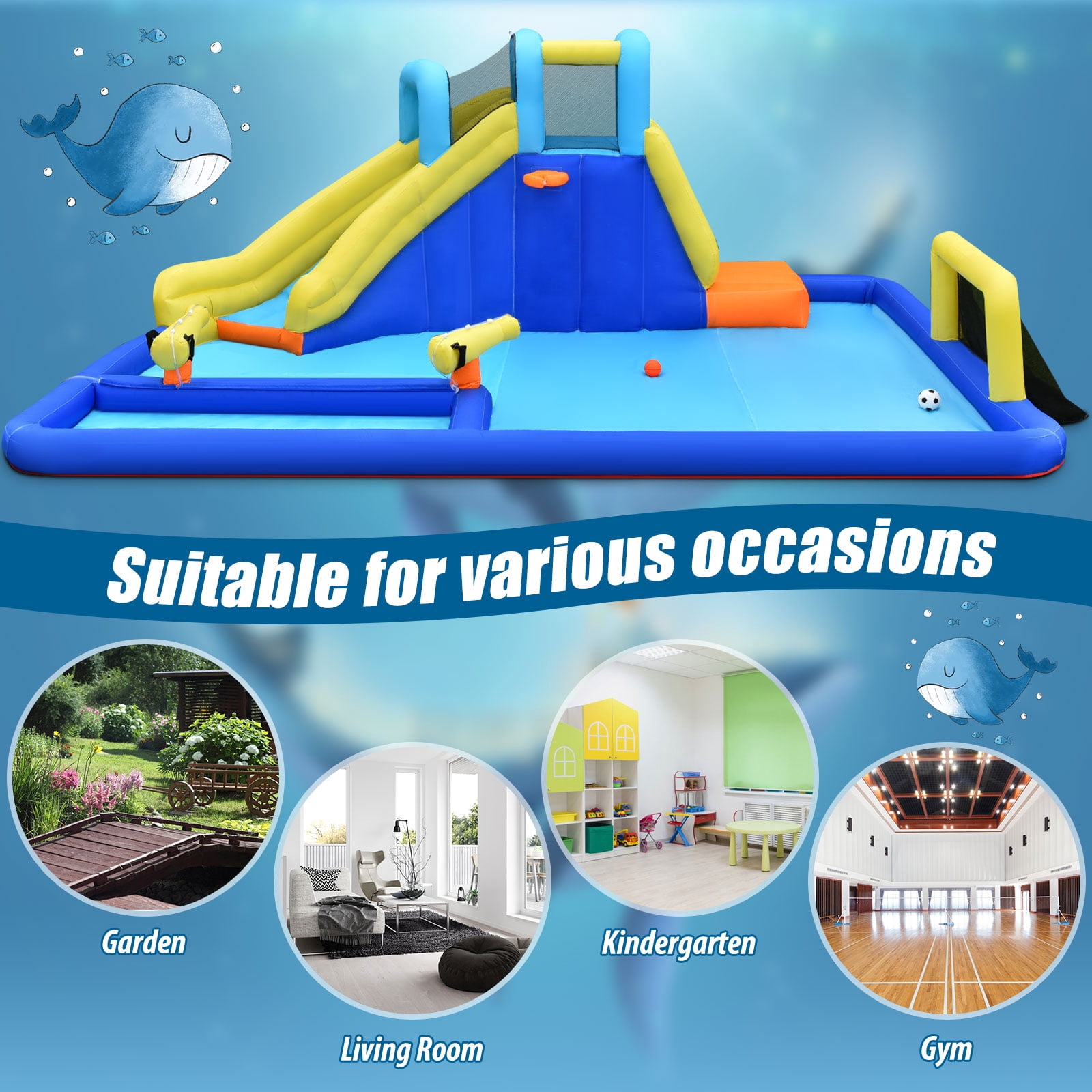Topbuy Inflatable Bounce House Water Slide Bouncer with Ball Shooting Climbing Wall for Outdoor Entertainment without Blower