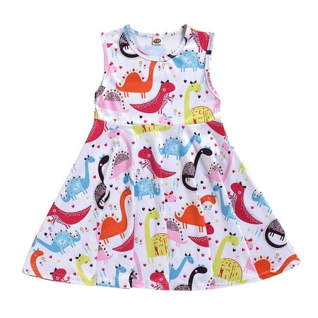 

B91xZ Girls formal Dresses Kids Toddler Baby Girls Spring Summer Print Dinosaur Sleeveless Princess Dress Clothing Pink Sizes 4-5 Years