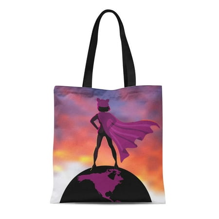 SIDONKU Canvas Tote Bag Woman in Pink Pussy Cat Knit Cap and Cape Reusable Shoulder Grocery Shopping Bags