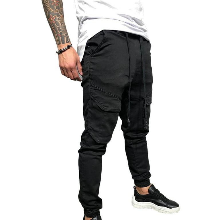ALSLIAO Man Casual Joggers Pants Sweatpants Cargo Combat Loose Sports  Workout Trousers Black M 