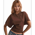 thumbnail image 1 of Chandails pour Femmes Col Ras du Cou T-Shirt à Taille Resserrée Décontracté Manches Courtes Hauts d'Entraînement Couleur Unie T-Shirts Basiques Brun TTTG, 1 of 5