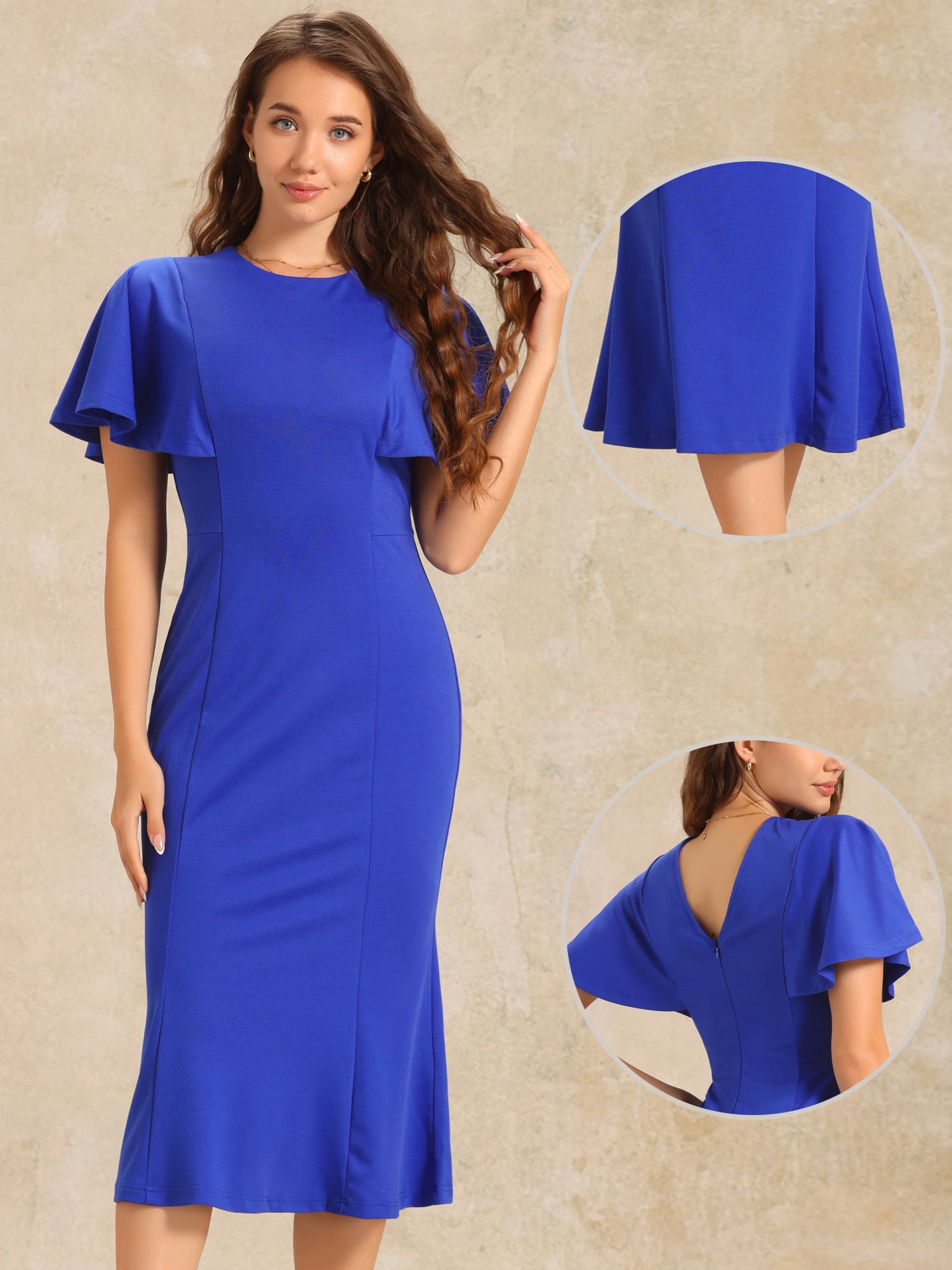 DARING DIVA Women's Ruffle Sleeve Cocktail Party Midi Sheath Dress S Royal Blue