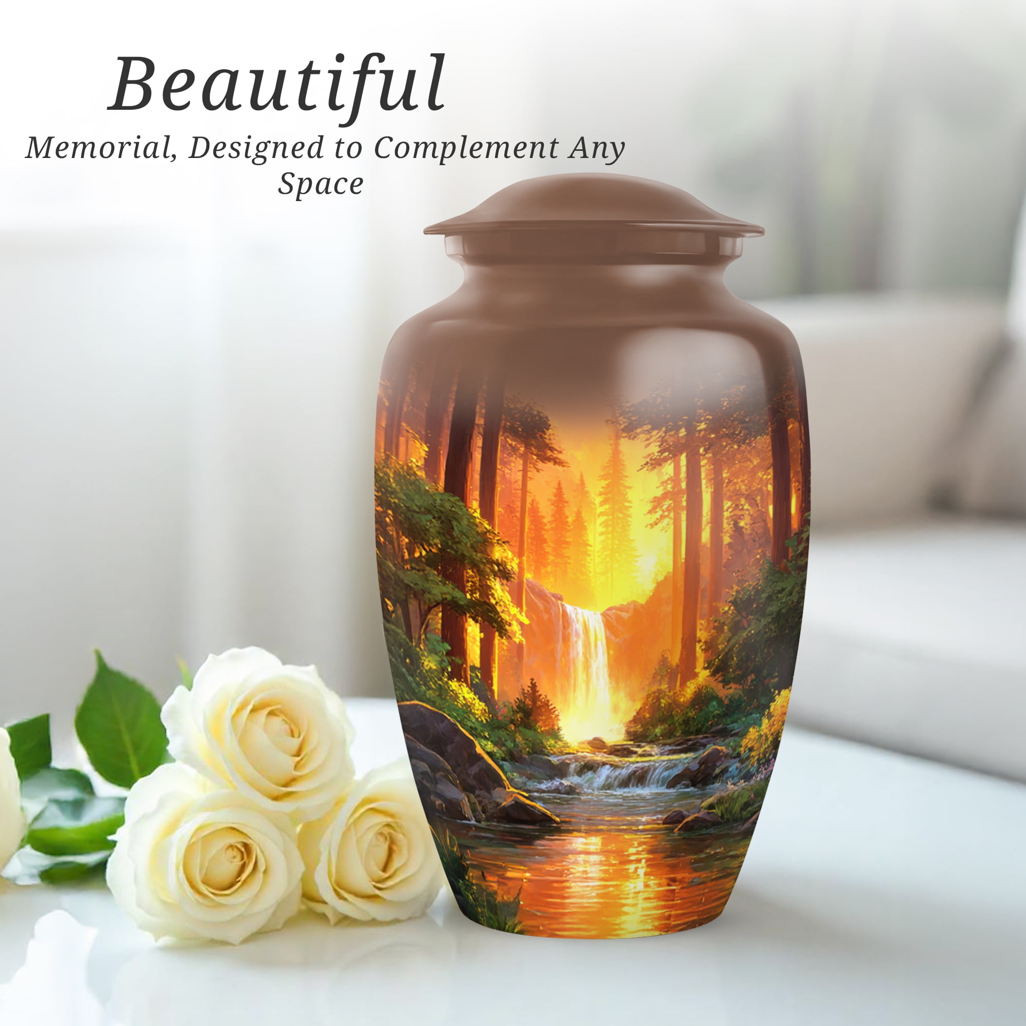 Waterfall Funeral Urn For Adult Mother, Cremation Urn For Human Ashes Large Adult, Burial Urns For Ashes Male, Brown Urns For Male And Female, 10 Inch