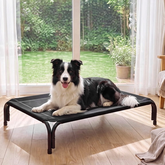 Cooling Elevated Dog Bed Raised Outdoor Dog Cot for Large Dogs, No-Tool Assembly Washable Mesh, 43"x32" Black
