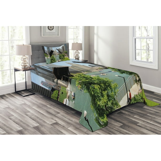 United States Bedspread Set Twin Size Downtown Chicago Illinois Finance Business Center Lake Michigan Avenue Bridge Quilted 3 Piece Decor Coverlet With Pillow Sham Multicolor By Ambesonne Com Downtown Chicago Illinois Finance, King Size Bed Set Finance
