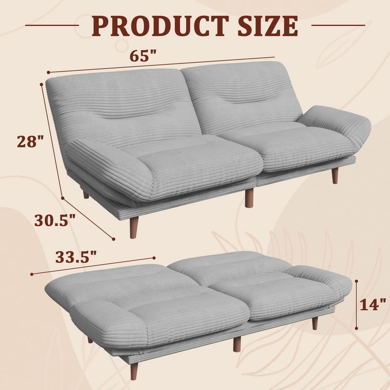 Lacoo 65"W Convertible Futon Sofa Bed with Five-level Adjustable Armrests,Corduroy Gray