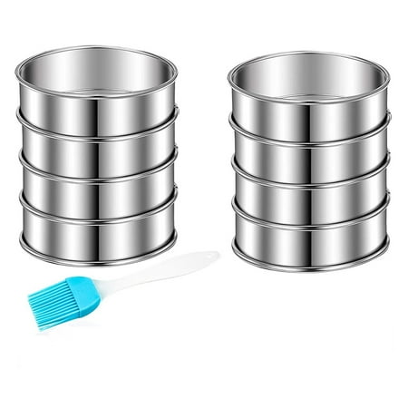 

8Pcs Baking Ring Cake Ring Stainless Steel Rolled Tart Ring Muffin Dessert Ring Mousse Ring with Oil Brush for Food Make