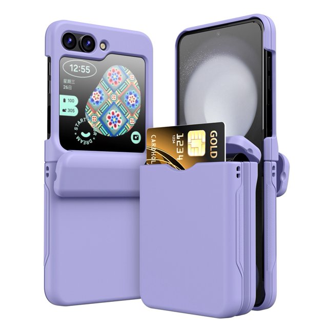 Luxury Solid Color Wallet Card Slot Case for Samsung Galaxy Z Flip 3 4 5 6 Slim Matte PC Hinge Protection ZFlip6 ZFlip5 Cover Light Purple For Samsung Z Flip 3