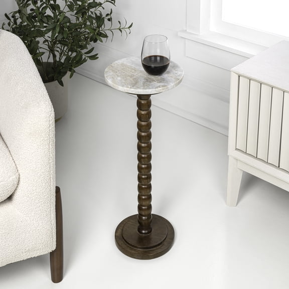 JONATHAN Y Monroe 24.25" Rustic Farmhouse Spindle Wood Drink Table and Decorative End Table with White/Beige Marble Round Top, Dark Brown, END3005C