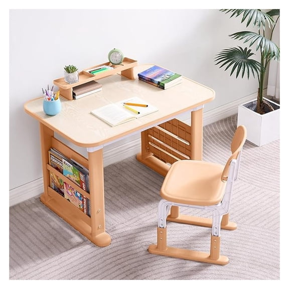 Kids Desk and Chair Set, Height Adjustable Kids Table and Chairs, Study Table for 3-12 Years Boy and Girl, Student Writing Desk with Side Bookshelf and Storage for Bedroom/Study Room/School