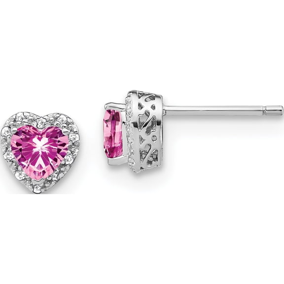 Sterling Silver Rhod-Plated Created Pink Sapphire/Diamond Earrings (Width 7.2) (Length 7.5) - Jbsp