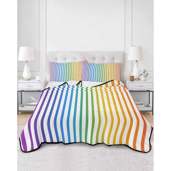 Quilts King Size, Thin Rainbow Striped Soft Comforter Bedding Set for Bed, Farmhouse Modern Stripes Lightweight Quilted Bedspread with Pillow Cover(2 Pieces) for All Season, 96x106 Inch