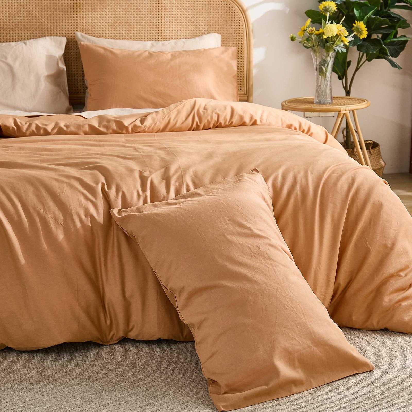 100% Washed Cotton Duvet Cover –Burnt orange, Linen-Like Texture, Super Soft & Breathable Bedding Set, 3-Piece Durable Percale Comforter Cover
