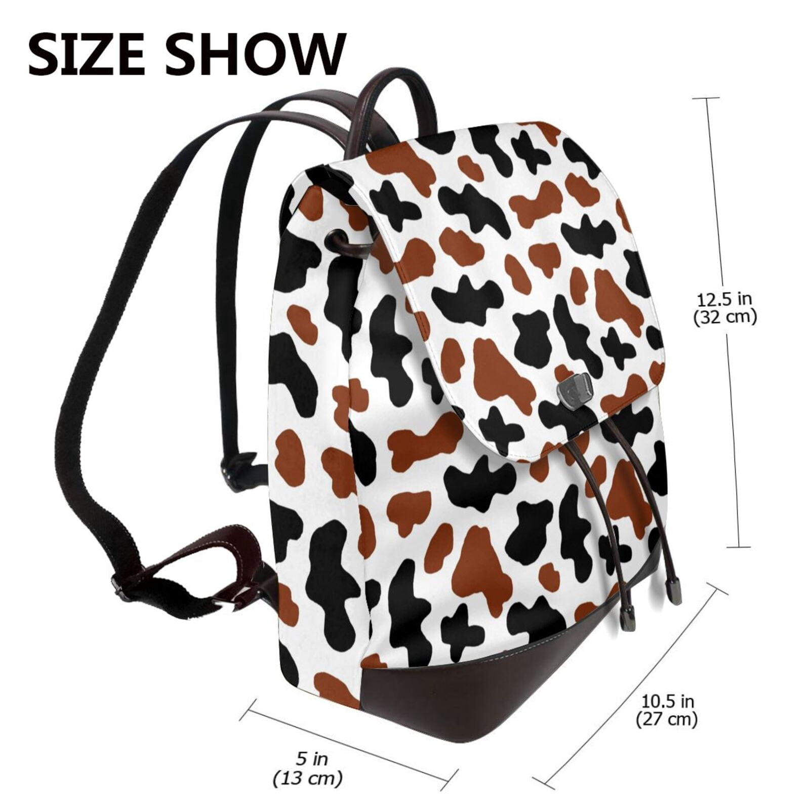 Xecao Brown Black Cow Print Large Backpack Soft Leather for Women Travel with Compartment, Adjustable Convertible Strap