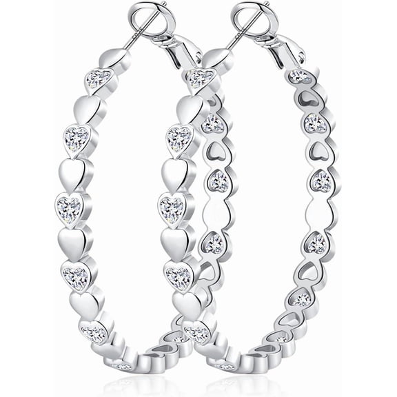 Heart Cubic Zirconia Large Hoop Earrings for Womens 14k Gold Plated Hypoallergenic Rhinestone Hoops Earring Sparkly Jewelry Gift 30/40/50/60mm