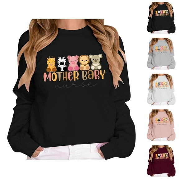Mother Baby Nurse Postpartum Sweatshirts for Women Long Sleeve Crewneck Cute Graphic Nursing Sweatshirt Pullover Tops