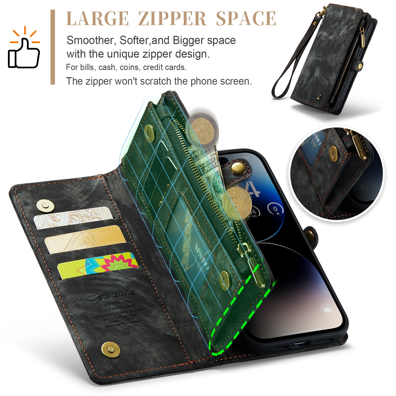 TECH CIRCLE 2-in-1 Magnetic Phone Case with Wrist Strap for iPhone 17 Pro Max (2025), Detachable Flip Wallet Case with 8 Card Slots, Zipper Pocket, Stand, Protective Slim Magnetic Back Cover, Black