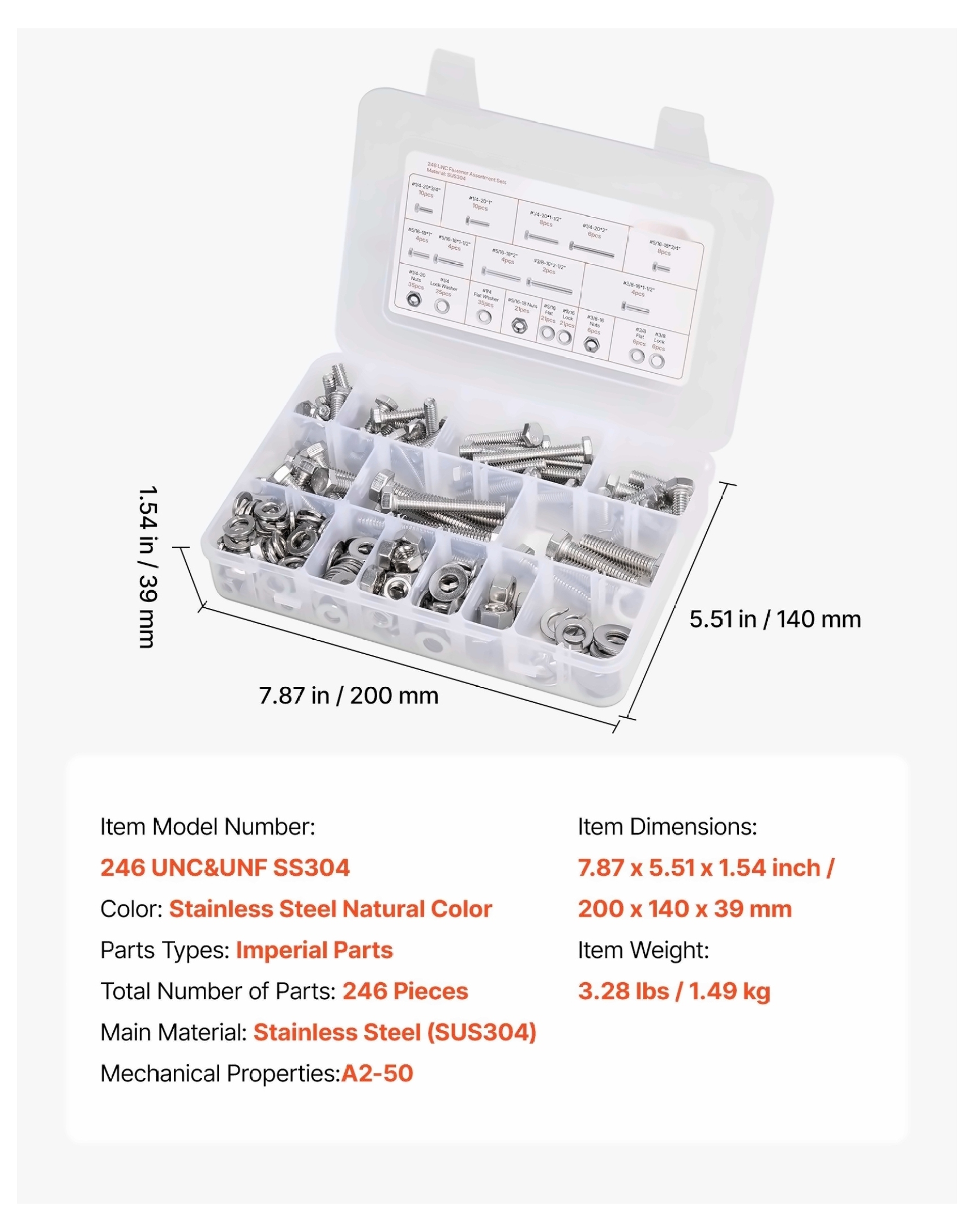 246 Pcs Stainless Steel Bolt Nut Assortment Kit - Imperial Size Hardware Set for Furniture Repair, DIY Projects, Mechanical Fixes