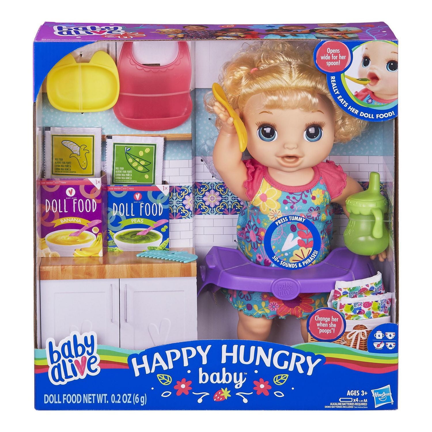 Baby Alive English Speaking Happy Hungry Baby Blond Curly Hair Doll