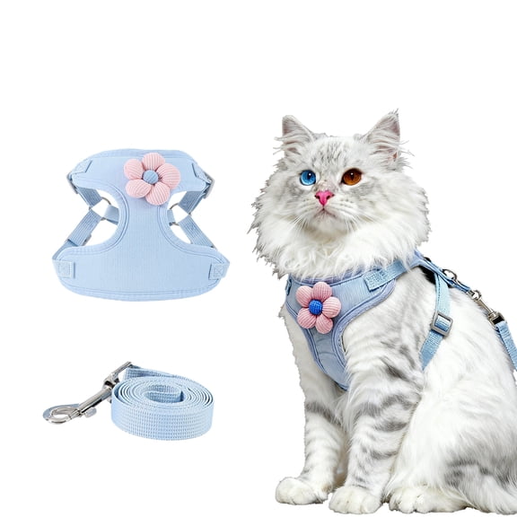 Cute Small Dog & Cat Harness Collar and Leash， Breathable Soft Mesh Padded Harness for Small Dogs & Cats, Perfect for Daily Walks, Parties, Holiday Gatherings & Gifts, Blue,M