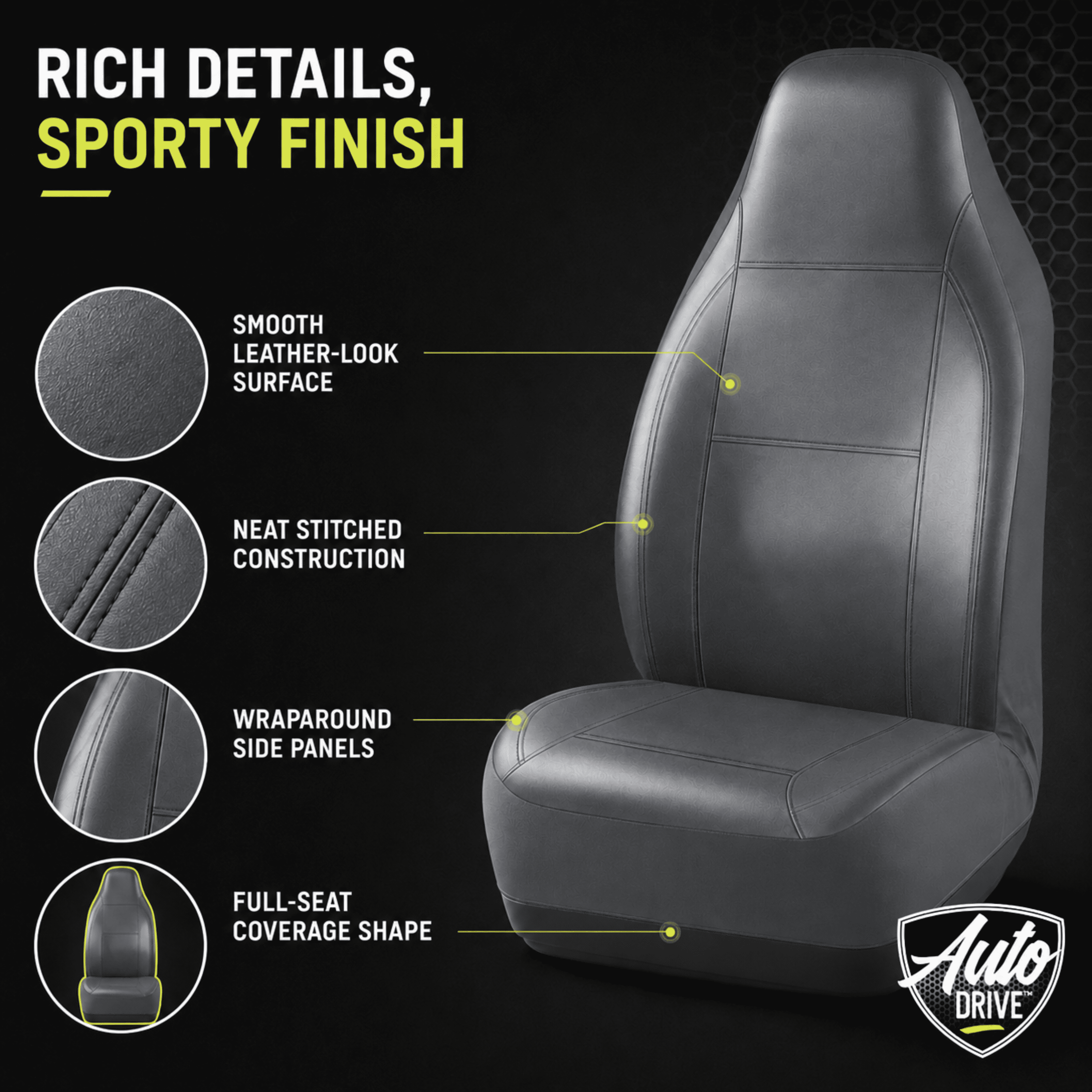 Auto Drive Car Seat Cover,High Back Full Leather Seat Protector Front Seat, Premium Comfortable Anti-Slip, Airbag Compatible Universal Fit for Cars SUVs Trucks,Gray