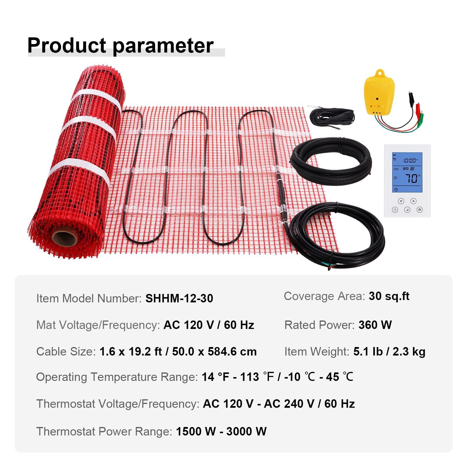 Underfloor Heating System, 30 sq ft Heating Mat, Programmable Thermostat with GFCI, 2" Cable Spacing, for Tile, Laminate & Wood Flooring, Bathroom & Kitchen