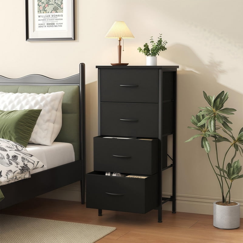 Kelno 4 Drawers Fabric Dresser Tall Chest of Drawers with Steel Frame Wood Top, Black