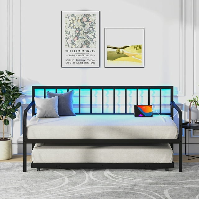Giantex Cadre de Lit-Banquette Double avec Tiroir-Lit, DEL et Station de Recharge, Cadre de Canapé-Lit en Métal Ajustable