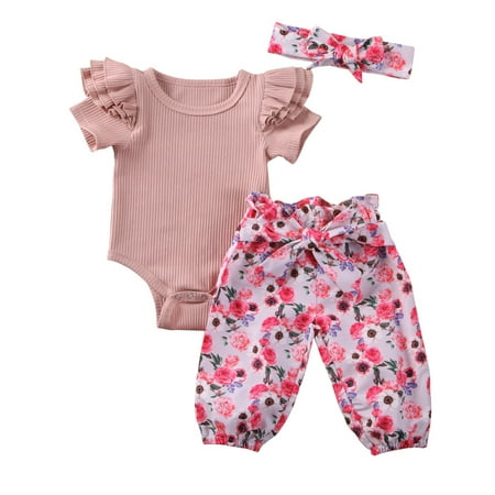 

Musuos Toddler Summer Solid Color Ruffle Romper + Floral Pants + Headband