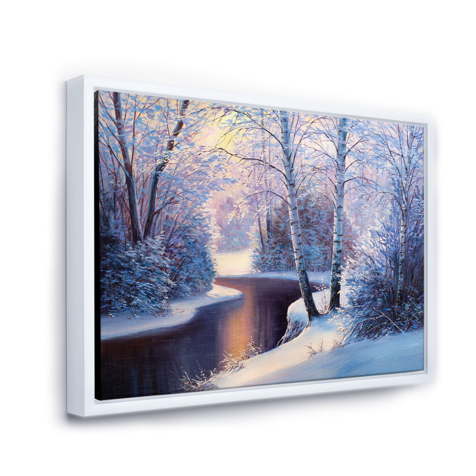 Designart 'Christmas Forest With Trees and River I' Traditional Framed Canvas Wall Art Print