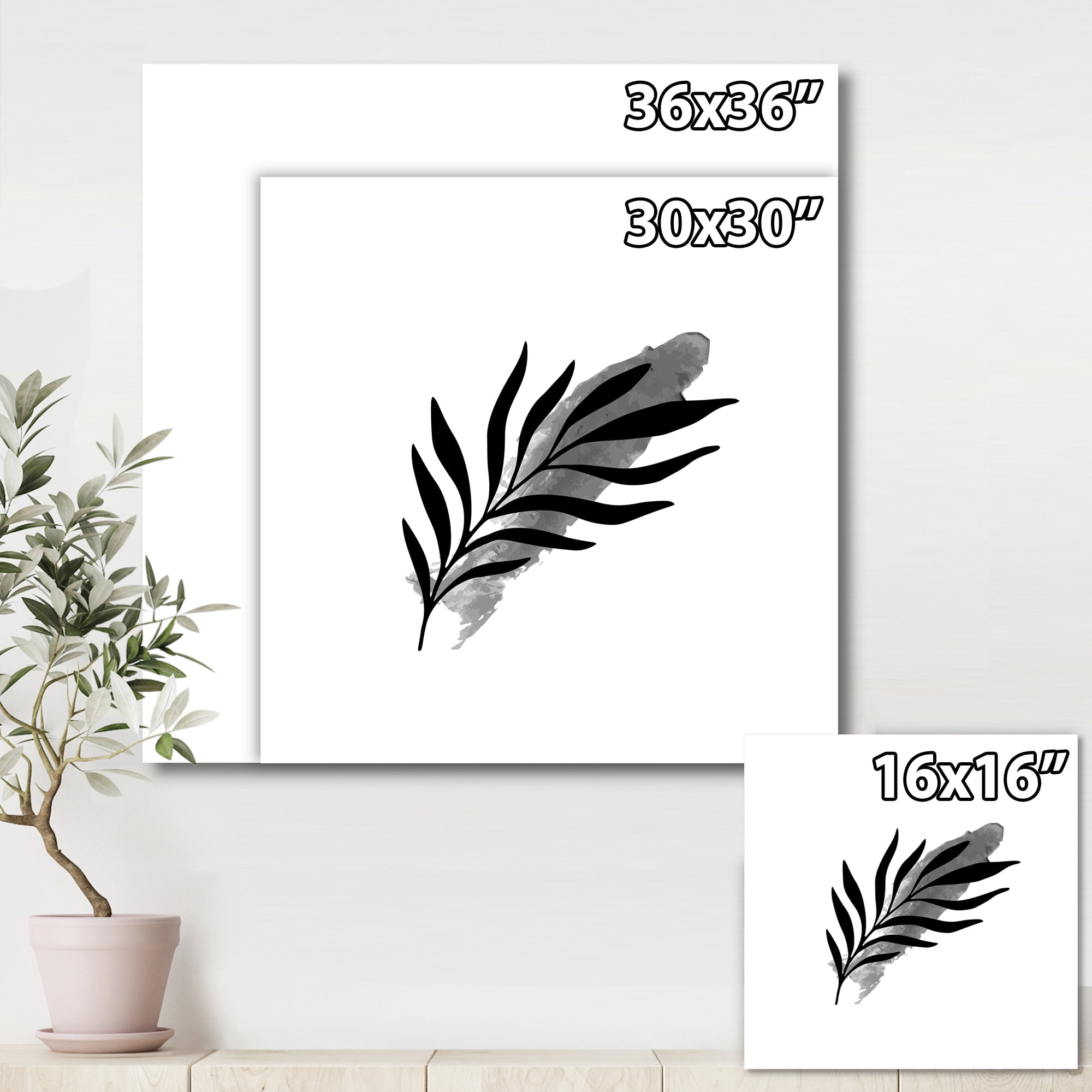 Designart ' Abstract Black Tropical Leaf I ' Modern Canvas Wall Art Print