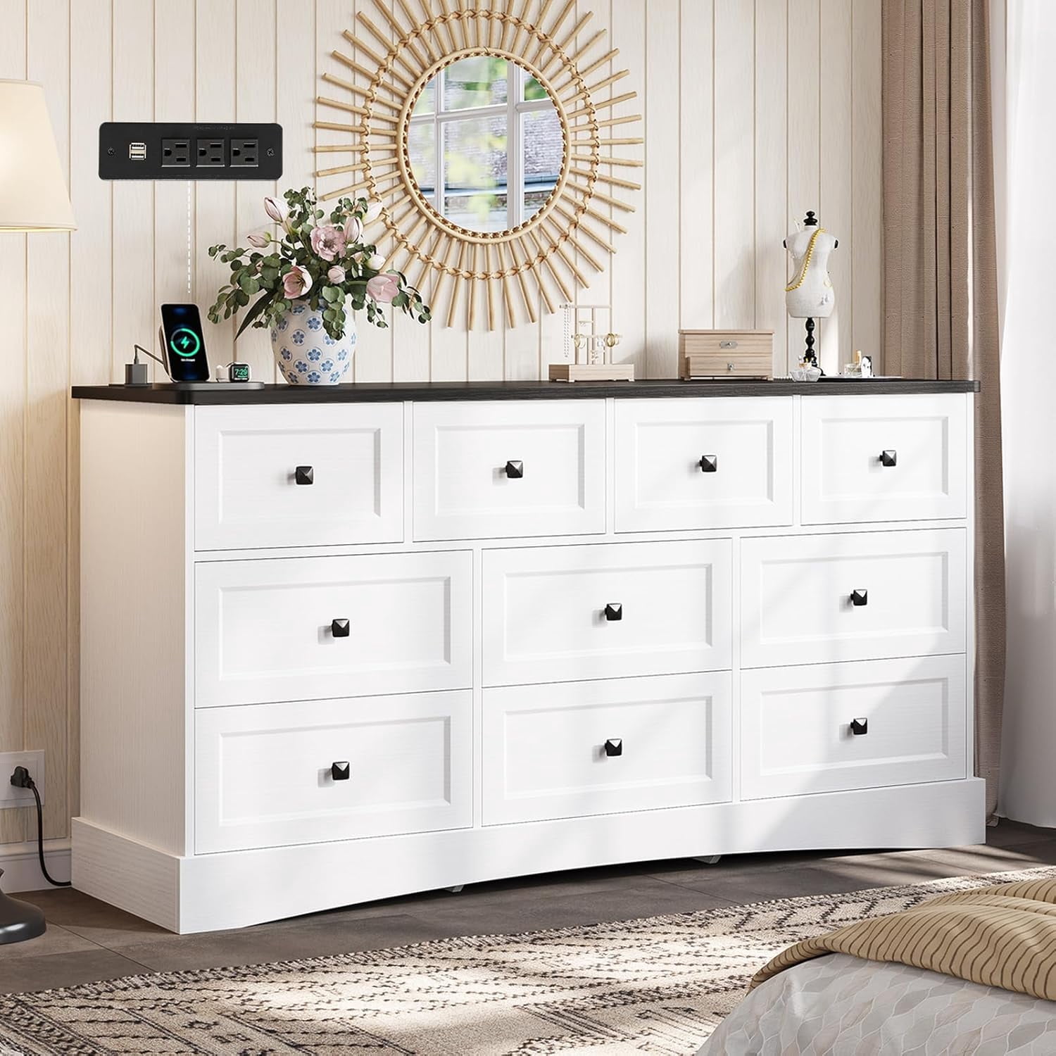 Farmhouse Dresser for Bedroom 55" Long 10 Drawers Dresser with Charging Station, Large Chest of Drawers for Bedroom Living Room Closet, White&Black