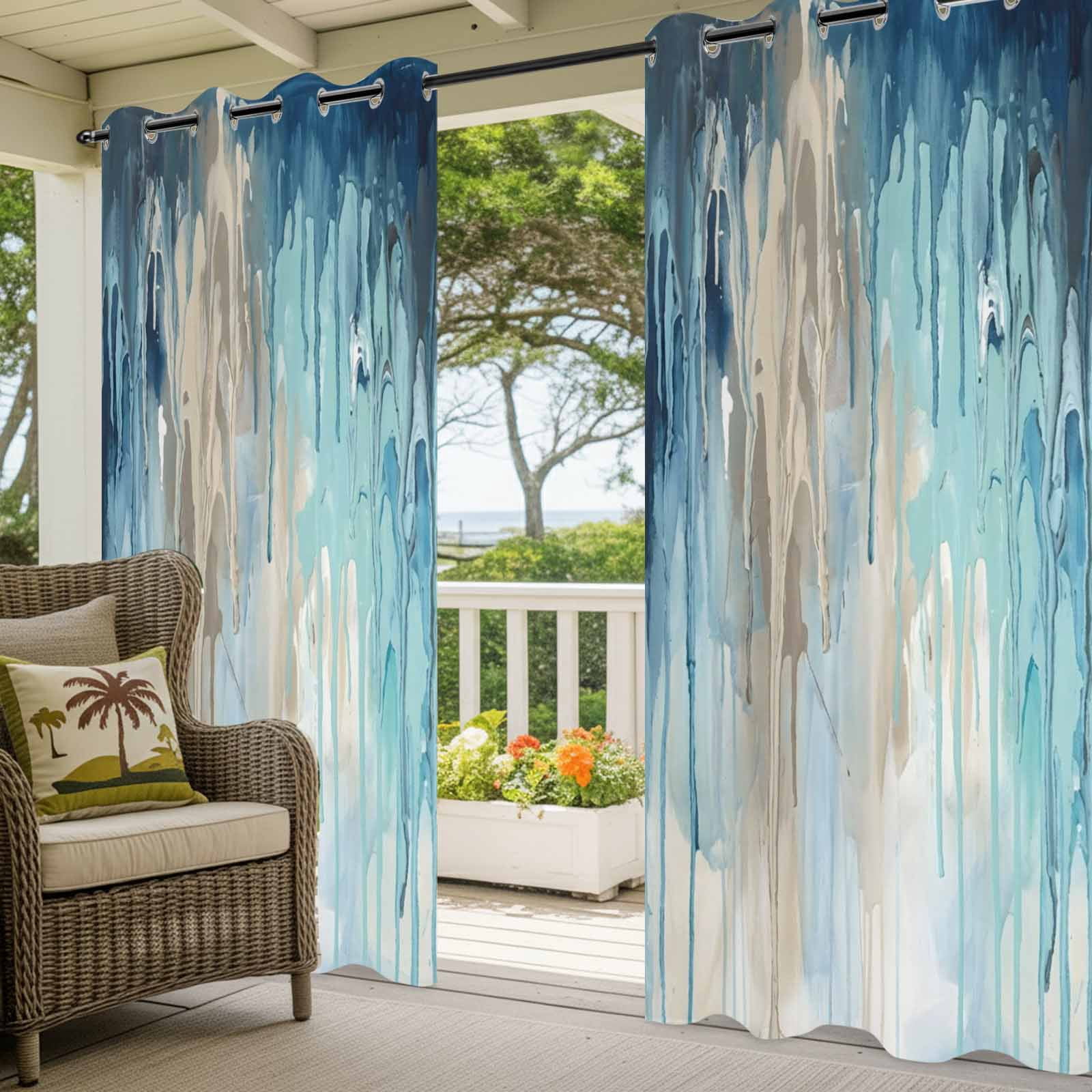 Abstract Rain Outdoor Curtains for Patio, Modern Teal Beige Blue Ocean Waves Water Drops Sunshade Privacy Drapes Grommet Waterproof Outside Curtains for Porch/Cabana/Balcony 54"x 108", 1 Panel