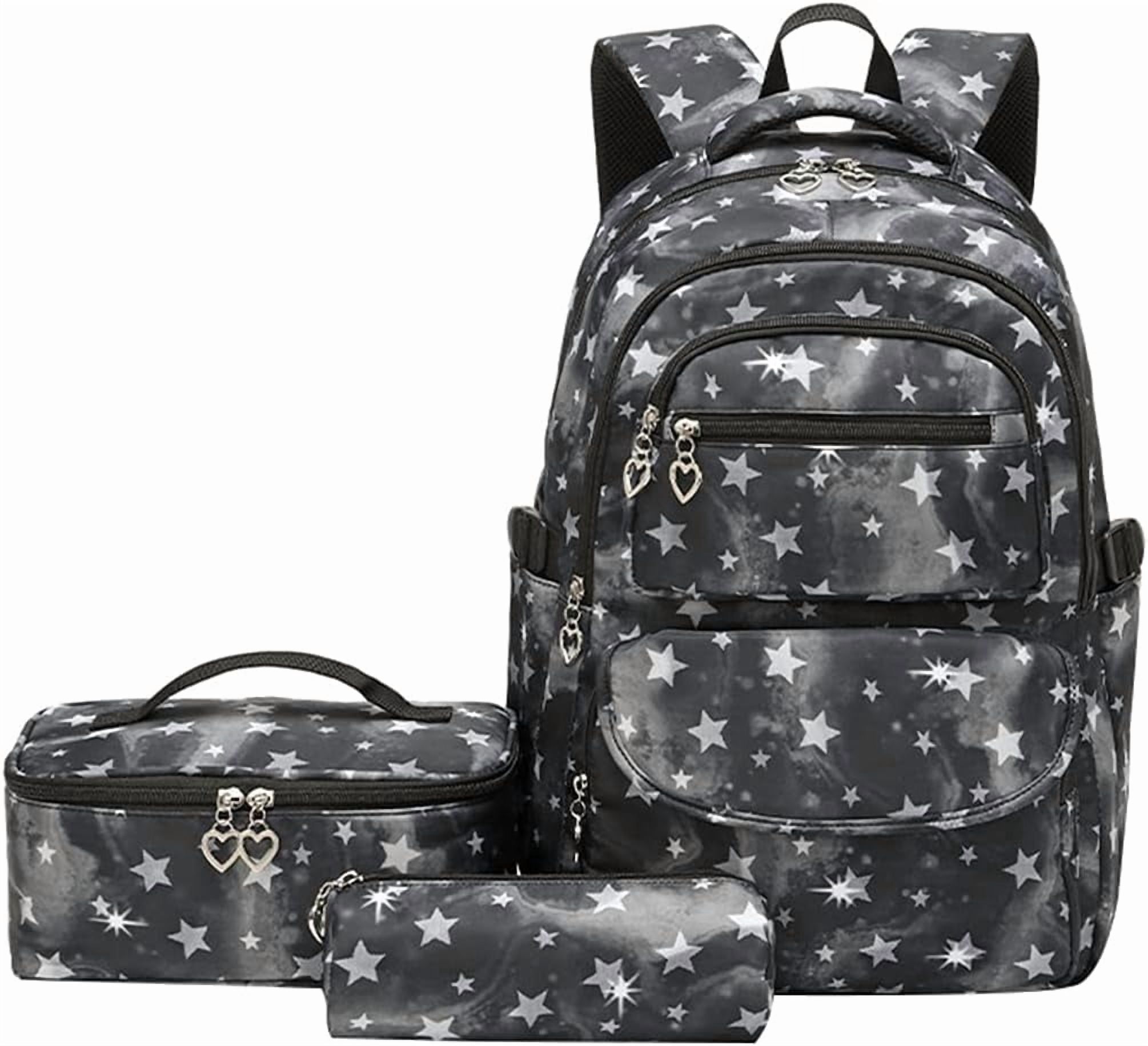 School Backpack Sets 3pcs Stars Prints Daypack Primary School Students with Insulated Lunch Bag and Pencil Case-black-